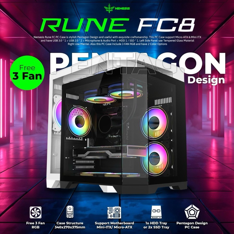 Jual Casing NYK Rune FC8 M-ATX Gaming Case Pentagon Free 3Fan RGB ...