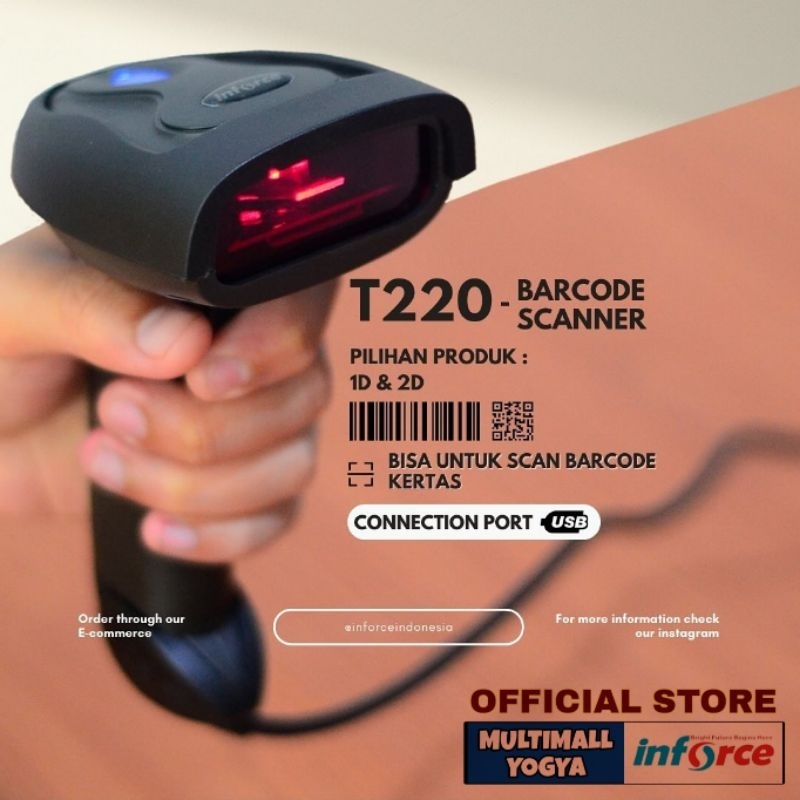 Jual Inforce Barcode Scanner T220 USB 2D + 1D Auto Scan Kertas & Layar ...