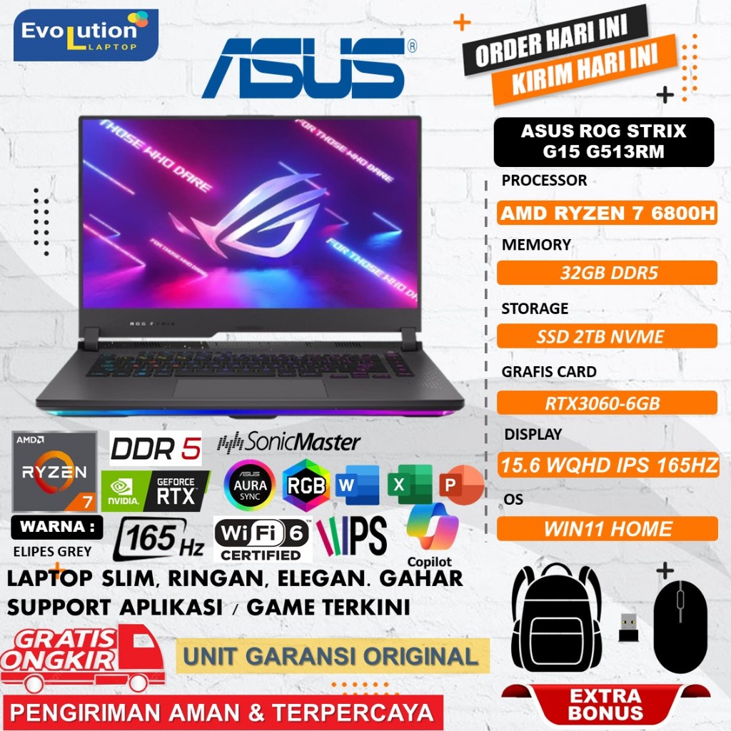 ASUS ROG STRIX G15 G513RM AMD RYZEN 6800H GB DDR5 1TB RTX3060-6GB  WQHD IPS 165HZ PKRGB