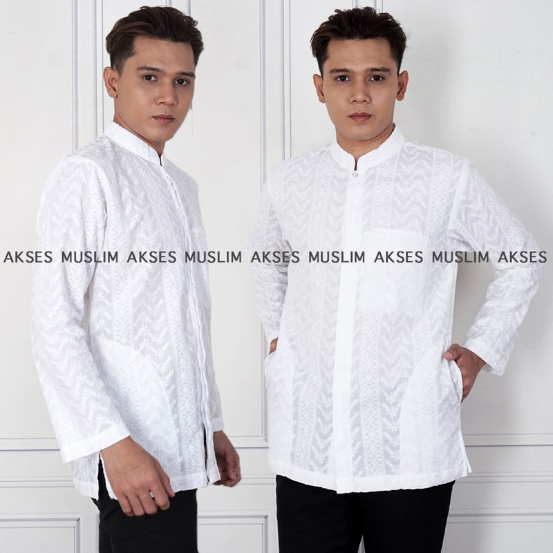 Baju Koko Putih Kemko Lengan Panjang Katun Paris Full Bordir Kualitas Premium Original Elegant