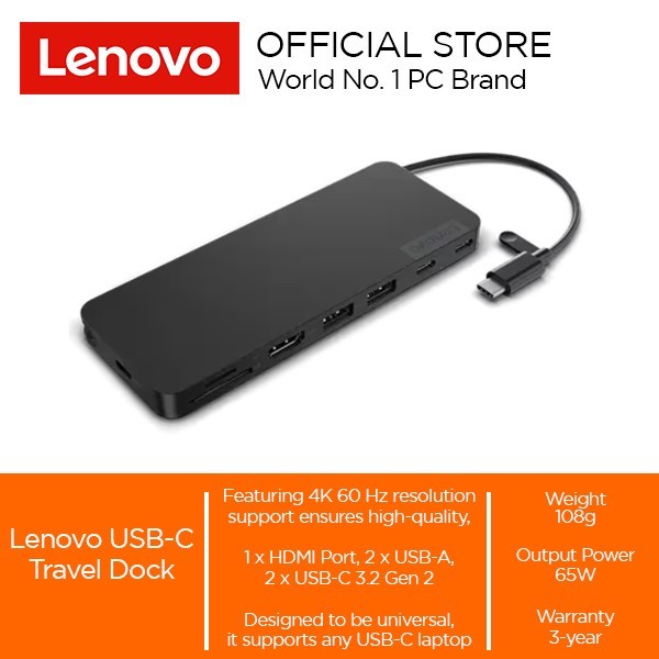 Lenovo 100 USB-C Travel Dock – Compacte Hub – HDMI & VGA – 100W Opladen – Universeel Voor Windows, Mac, ChromeOS, Android – Reisvriendelijk