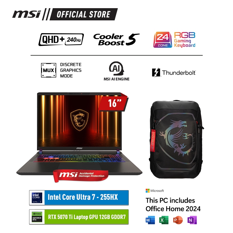 MSI VECTOR 16 HX ULTRA 7-255HX RTX5070TI - 16GB 512GB W11+OHS 16QHD+ 240HZ 100%DCIP