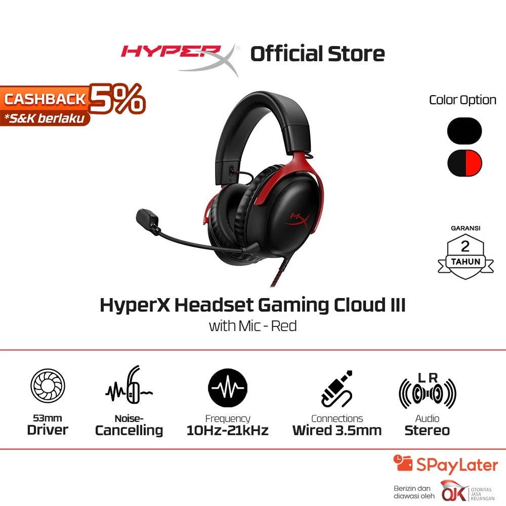 HyperX Headset Gaming Cloud III Wired - Black - Red / Black / White - Pink Wired Noise Cancelling Spatial Audio Leather Stereo Bass