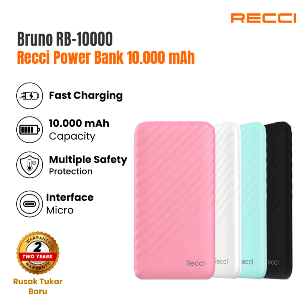 Power Bank Bruno 10000mAh RB-10000 Putih/Pink/Hitam