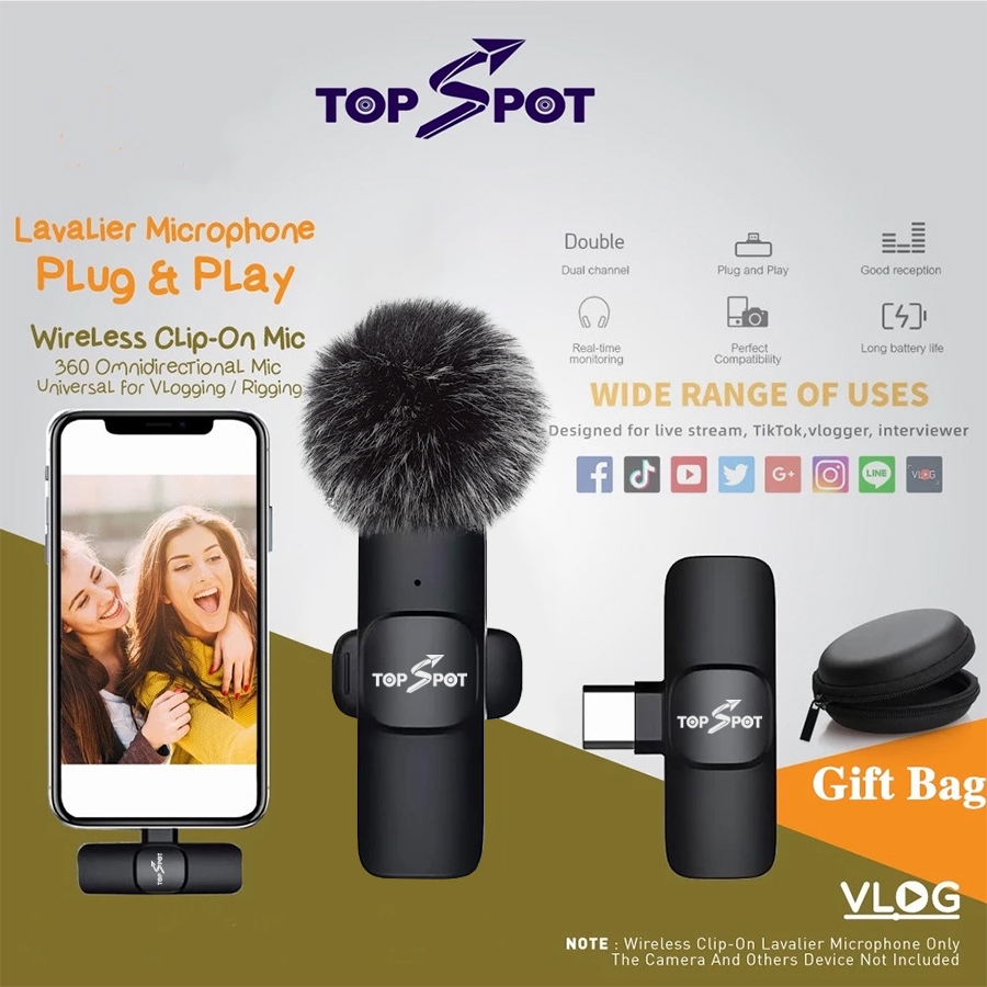 Topspot Mikrofon Nirkabel Lavalier Mic Portabel Audio Video pembuatan  Rekaman Wireless Microphone HP Klip Untuk IPhone Android Live Game Mobile