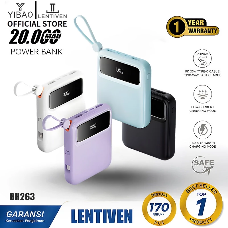 YIBAO LENTIVEN 20000mAh Mini Powerbank Fast Charging Dengan 4 Kabel Lightning & Type C For Iphone/Android BH356 - foto 1