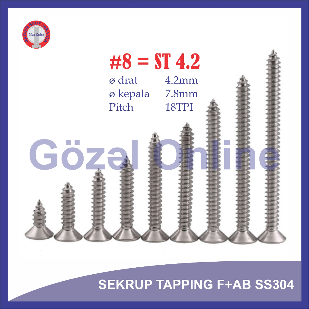 Jual Sekrup tapping FAB kepala rata - SS304 no.#8 diameter drat 4.2mm ...