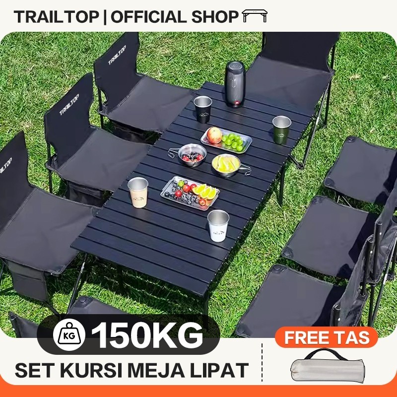 TrailTop Meja Kursi Lipat Outdoor 1 Set Meja Lipat Portable Baja Karbon Kuat Tahan Lama Beban 150KG