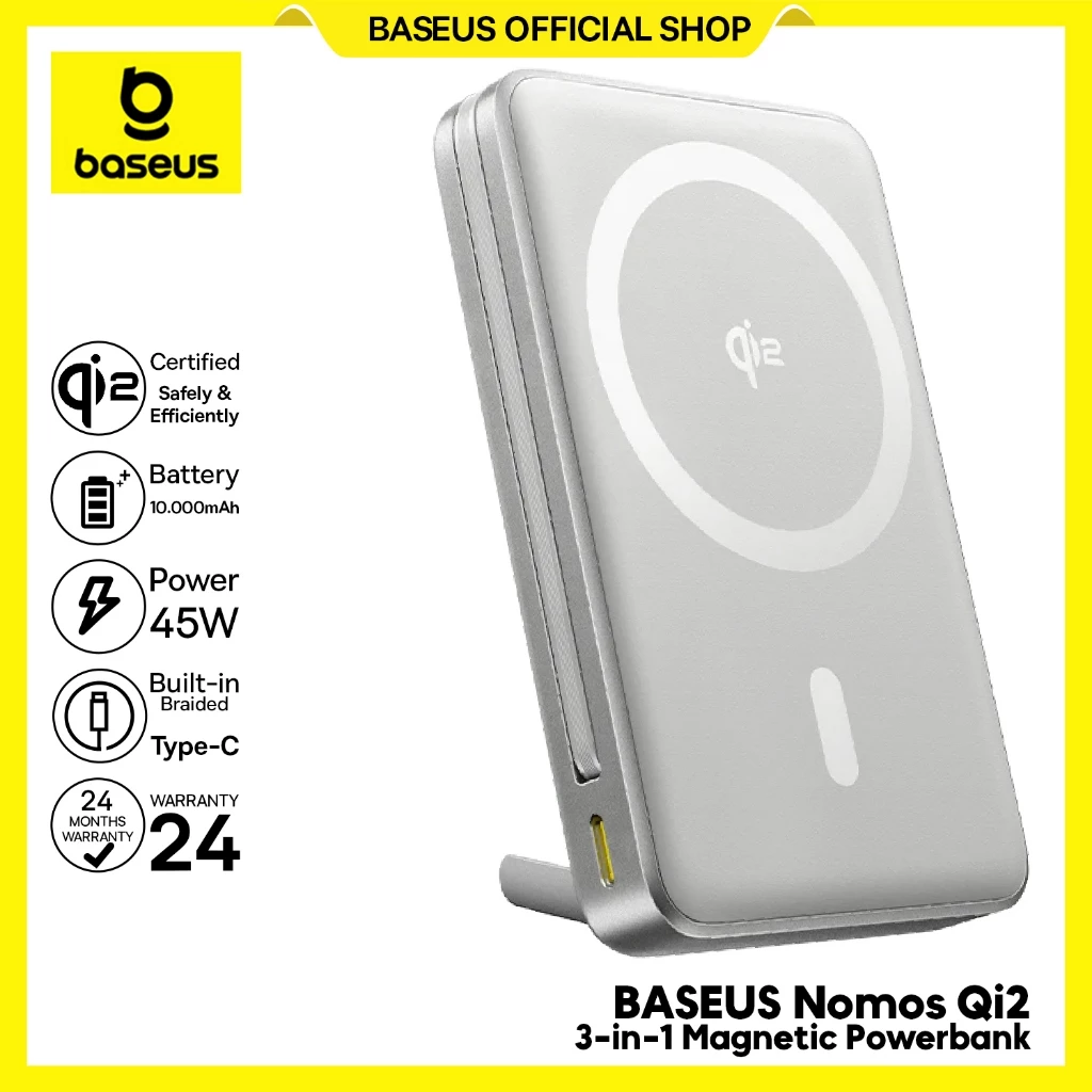 Baseus Powerbank Nomos Qi2 Kickstand Magnetic Power Bank with Built-in USB-C Cable 10000mAh 45W