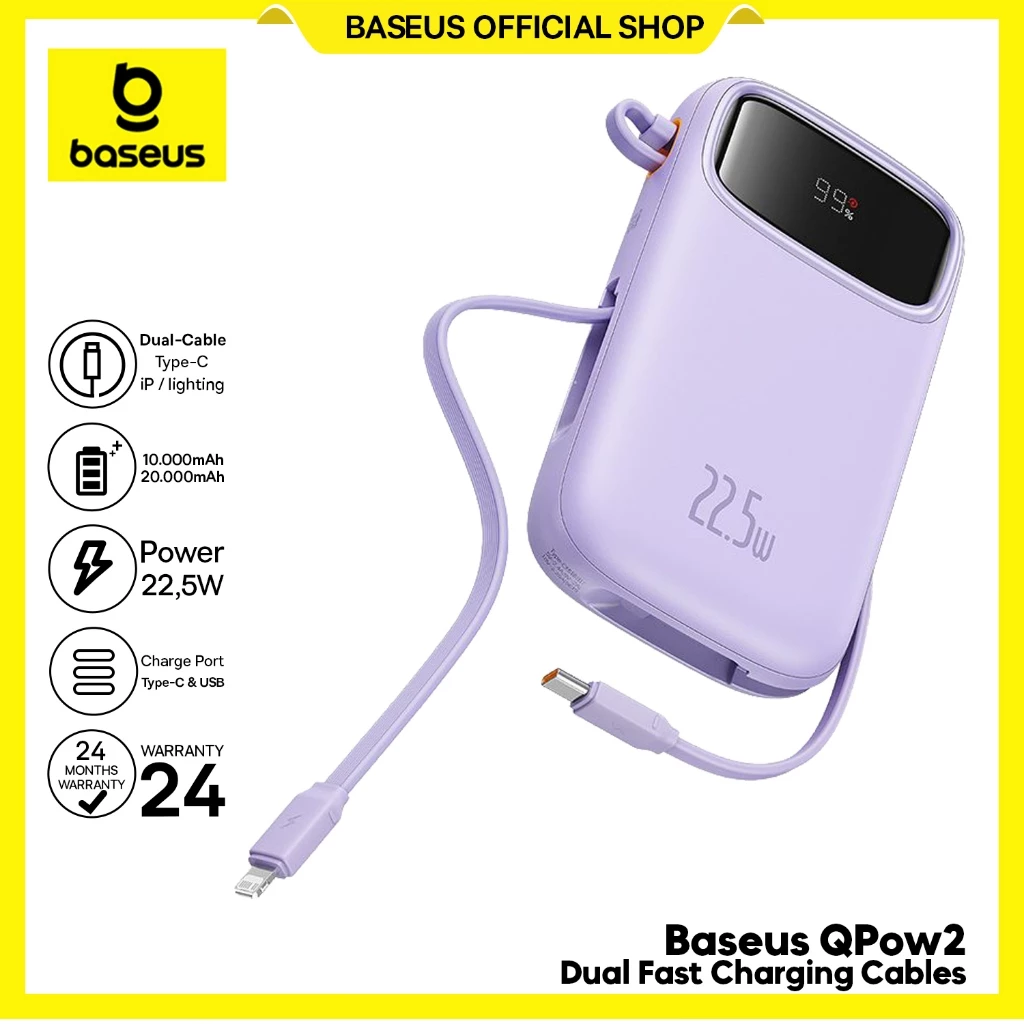 Baseus Qpow2 22.5W Fast Charging Power Bank Dual-Cable Type-C Lighting PD QC SFC 20000mah