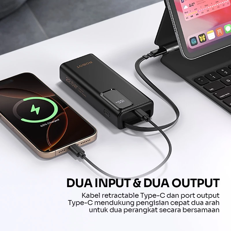 ROBOT Powerbank Fast Charging 10000mAh 22.5W Built IN Type-C Cable 60cm Dual Input dan Dual Output With LED Display