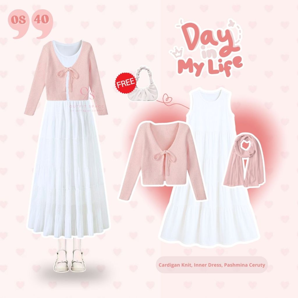 Jual Ootd Hijab Outfit 1 Set - Pashmina Ceruty Pink, Cardigan Crop Pink ...