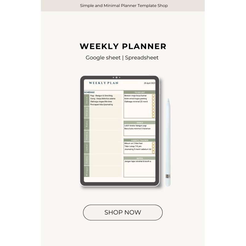 Jual Weekly Planner Template | Google Sheet | Editable Spreadsheet ...
