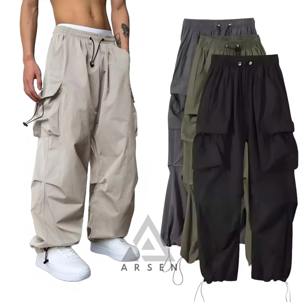 Arsen celana cargo pria highwaist tali serut warna khaki