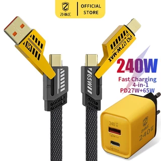 ZHIKE Kabel Data 4 IN 1 Fast Charging PD27W+65W dengan 240W Adaptor 280W Adapter USB-A Type-C Untuk Lightning 1M 5A Pengisi Cepat Cable Kawat Dikepang Charger Kasar dan Tahan Lama Multifungsi Untuk Android XIAOMI HUAWEI OPPO VIVO