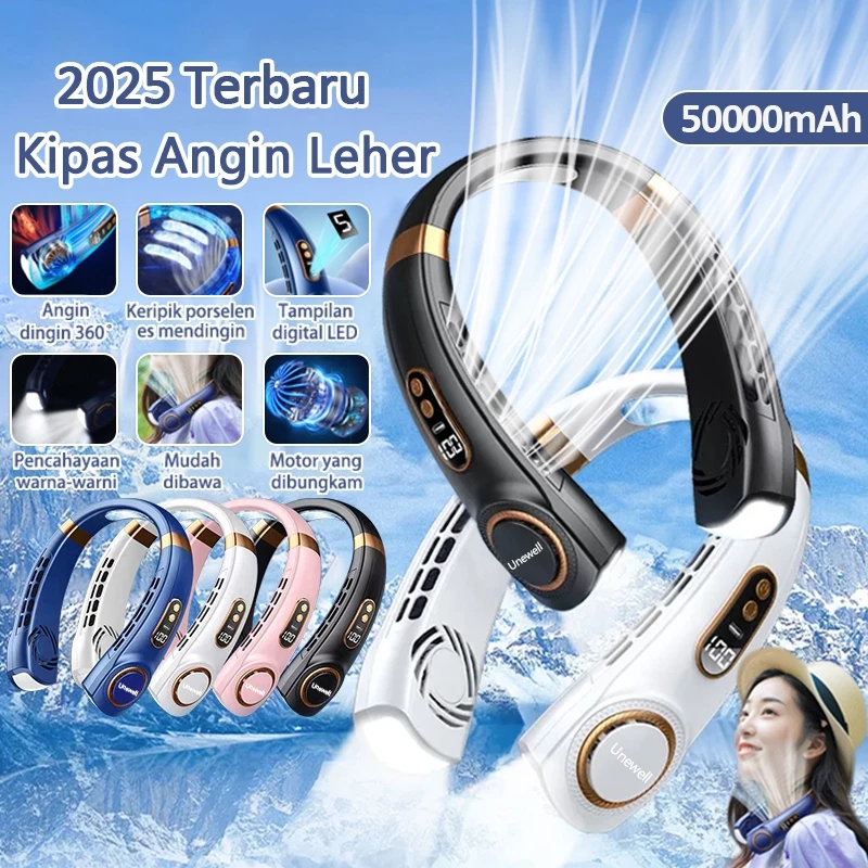 2025 kipas angin gantung leher portable usb 50000mah 5-speed wind neck fan