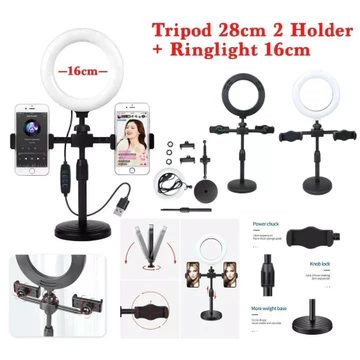Paket Tripod 2 Holder Phone HP Smartphone Mobile Phone Beauty Stand Lampu Selfie LED RingtLight