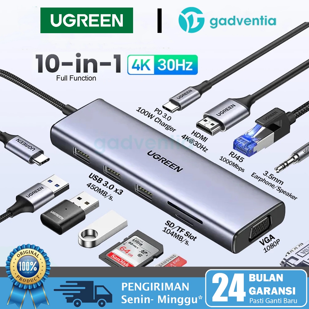 Jual UGREEN USB Hub 10 in 1 Type C To RJ45 HDMI VGA SD Card Aux 3.5mm ...