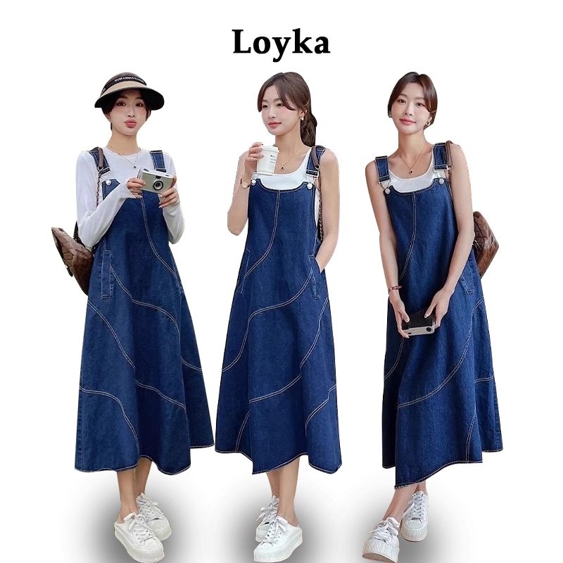 Jual Loyka Overall Denim Rok panjang Wanita Casual Midi Dress Oversize ...