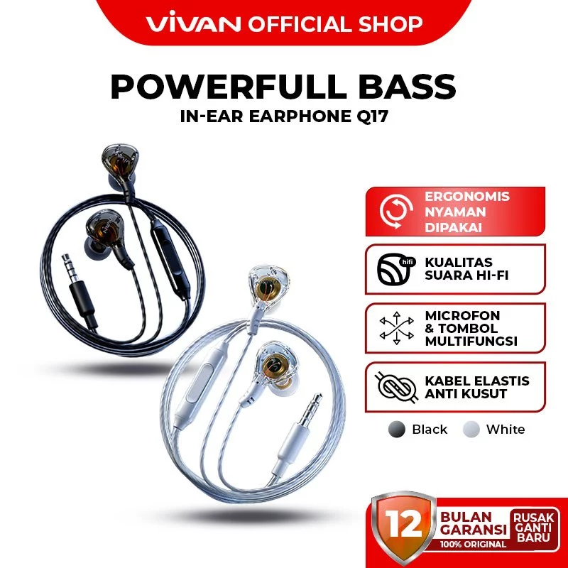 VIVAN Q17 Headset In Ear Stereo Powerfull Bass Wired Earphone Black Garansi Resmi 1 Tahun
