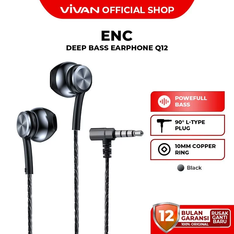 Headset VIVAN Q12 Wire Earphone Deep Bass Mic Konektor L 90 AUX 3.5 mm - Garansi Resmi 1 Tahun