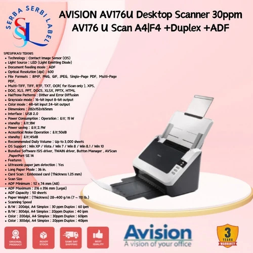 Jual AVISION AV176U Desktop Scanner 30ppm AV176 U Scan A4|F4 +Duplex ...