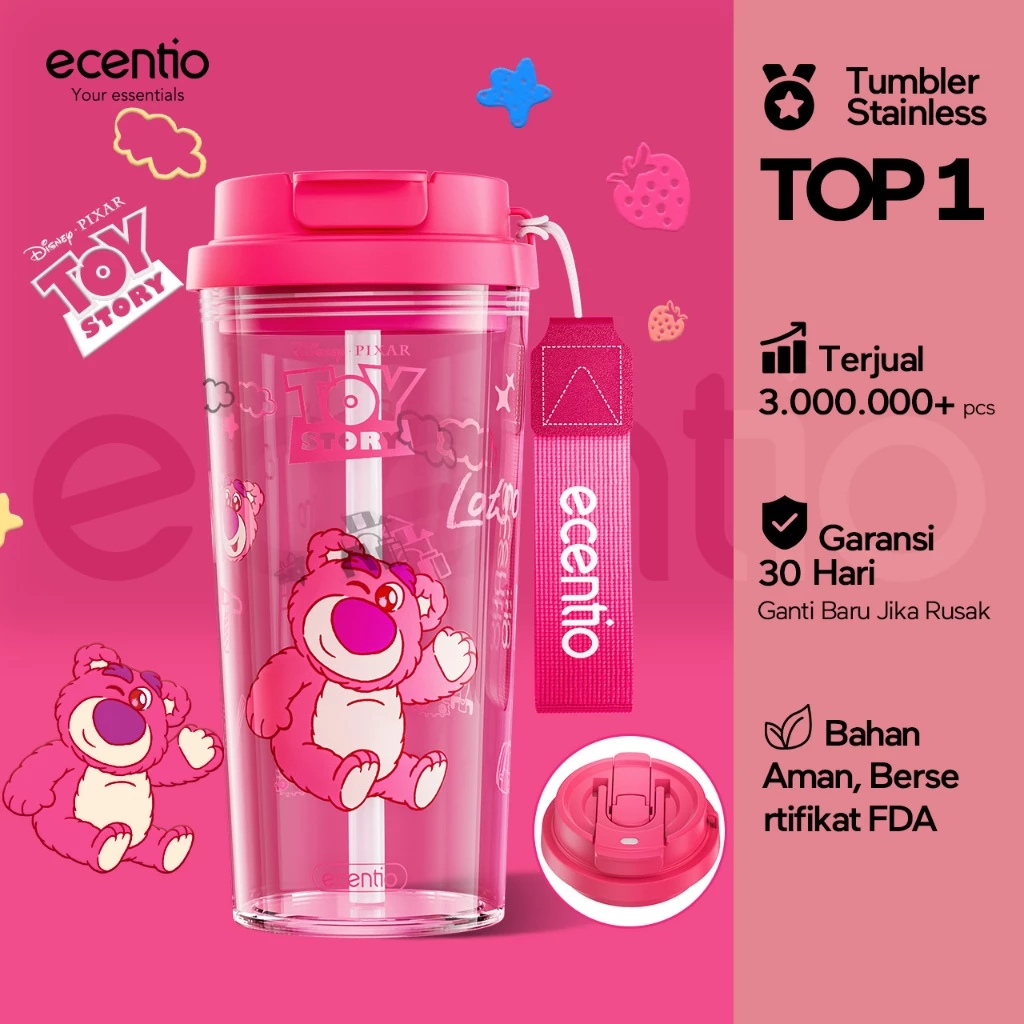 Ecentio botol minum aesthetic 580ml anak perempuan disney collaborative edition with straw
