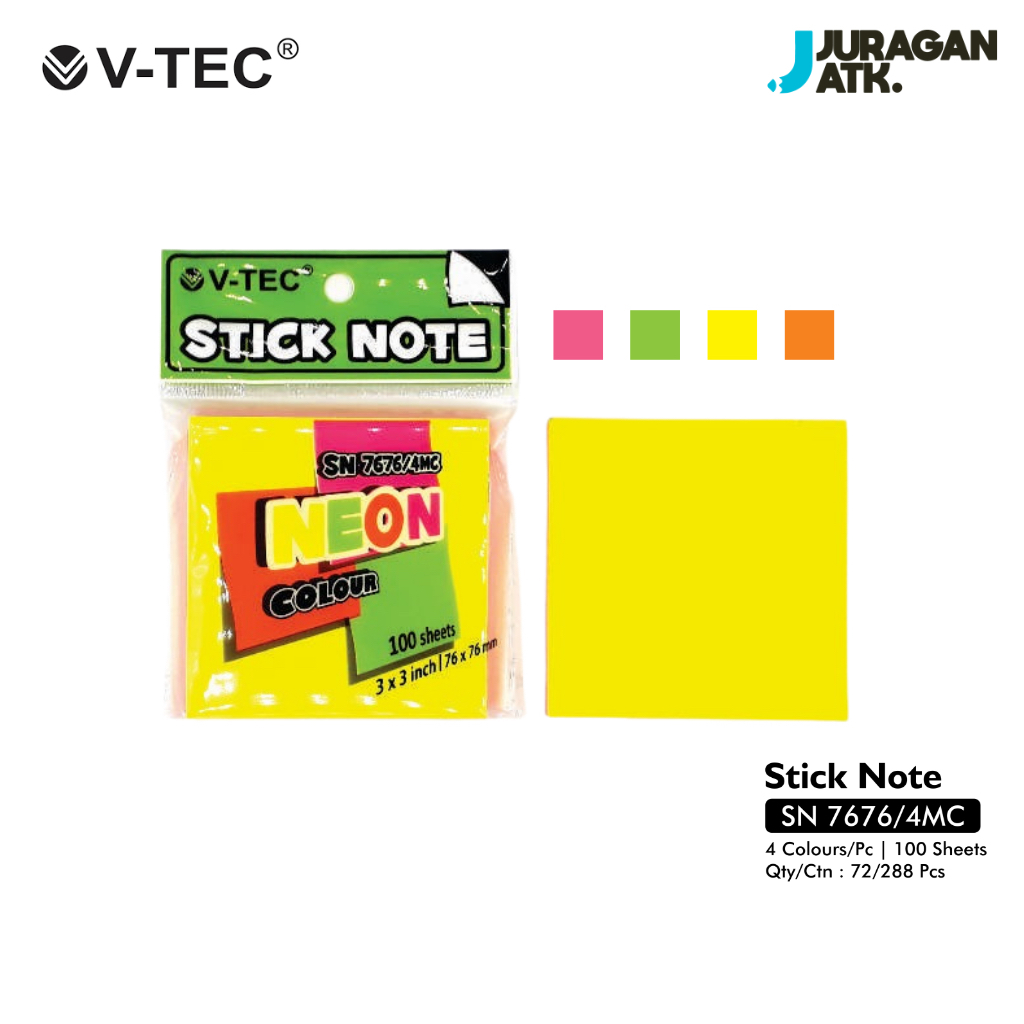 Jual Stick Note Neon Colour V-Tec SN 76101/4MC | Shopee Indonesia