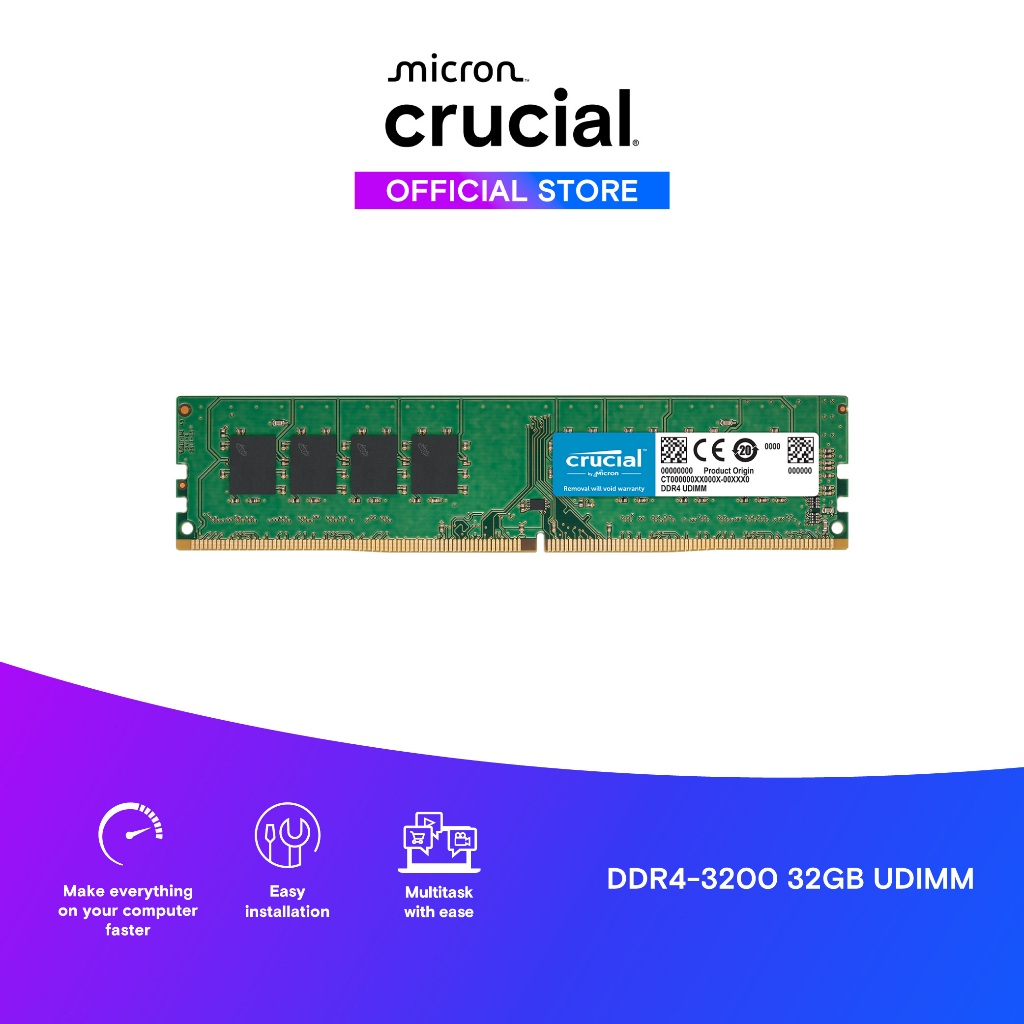 Crucial UDIMM DDR4 8GB 16GB 32GB 3200Mhz CL22 Longdimm Memory RAM PC