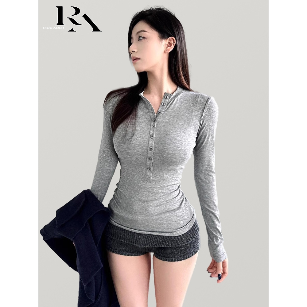 Jual RIOD AOER Kaos Lengan Panjang Kancing Abu-abu Cewek Seksi Atasan ...