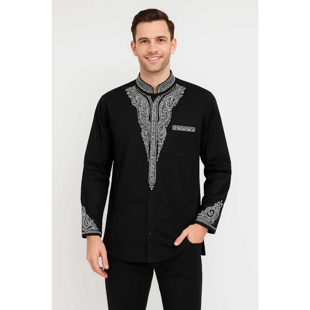 SURABAYAOS17 - Baju Koko Hitam Lengan Panjang Full Bordir Black Panther M L XL 3L 4L 5L Besar Katun Halus Dingin Tebal