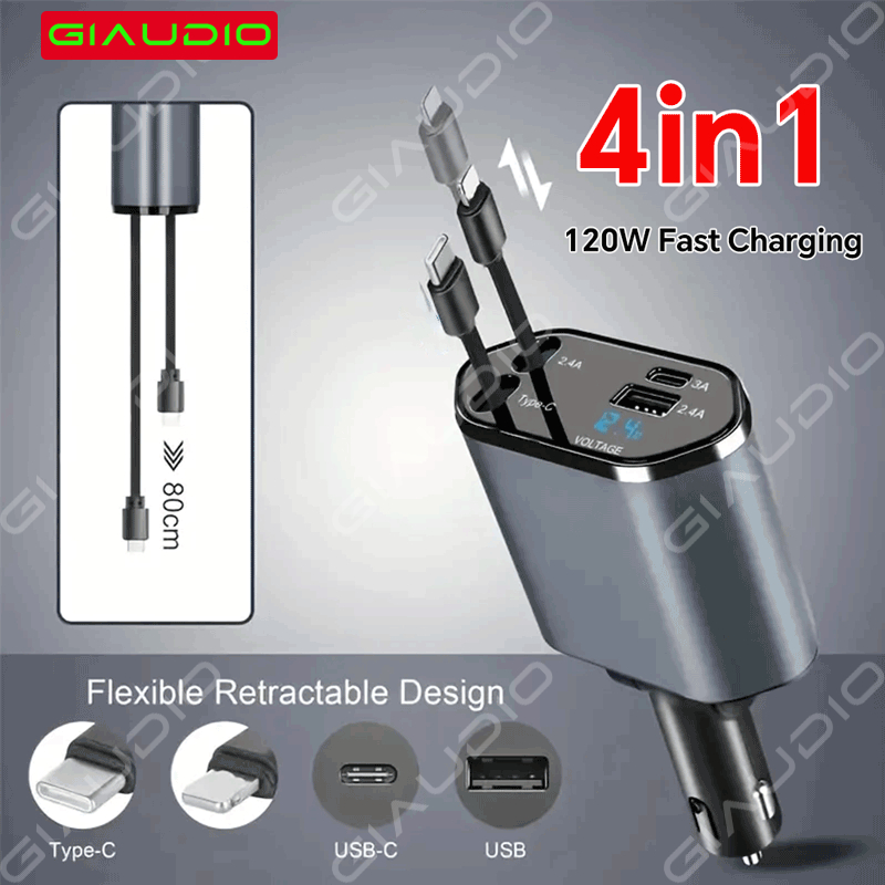 Giaudio Car Charger Mobil Charger 4in1 Pengisian Cepat Fast Charging  Rectractable Cable Port 120W 3A LED Display Type C USB Output IPHONE PD 
