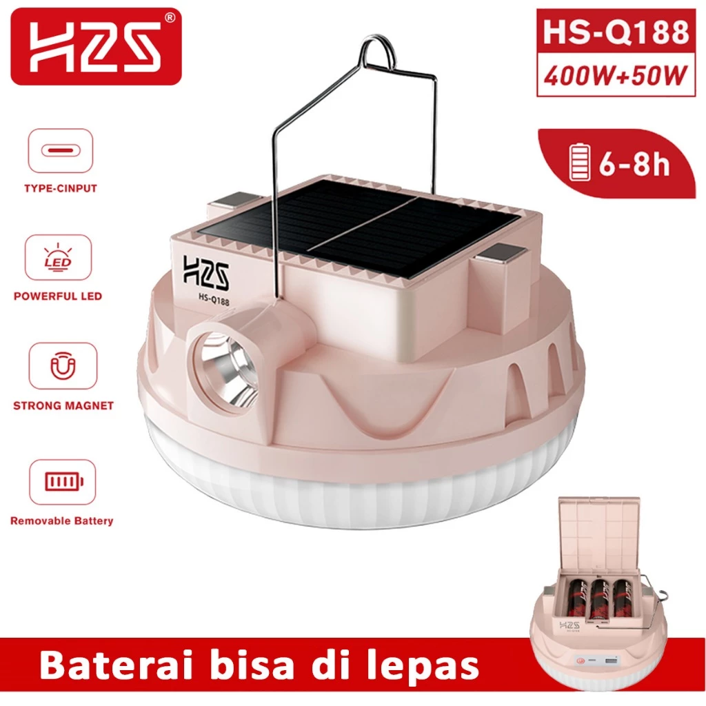 H2S Lampu LED Emergency UFO + Senter HS-Q188 Solar Panel 400w + 50w Baterai Lepas