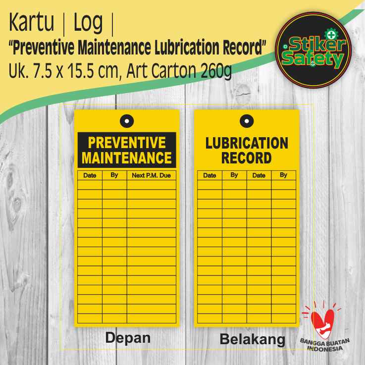 Jual Kartu Checklist Ceklis Log Preventive Maintenance Lubrication ...