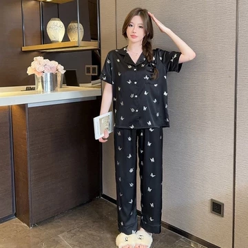 Set Piyama Wanita Satin Premium Langsing Lengan Pendek Celana Panjang Motif Eksklusif Baju