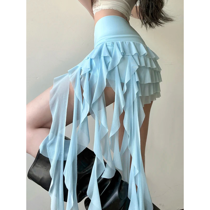 Jual Women's Ruffle Asymmetrical Mesh Skirt Elegant Low Waist Tiered ...