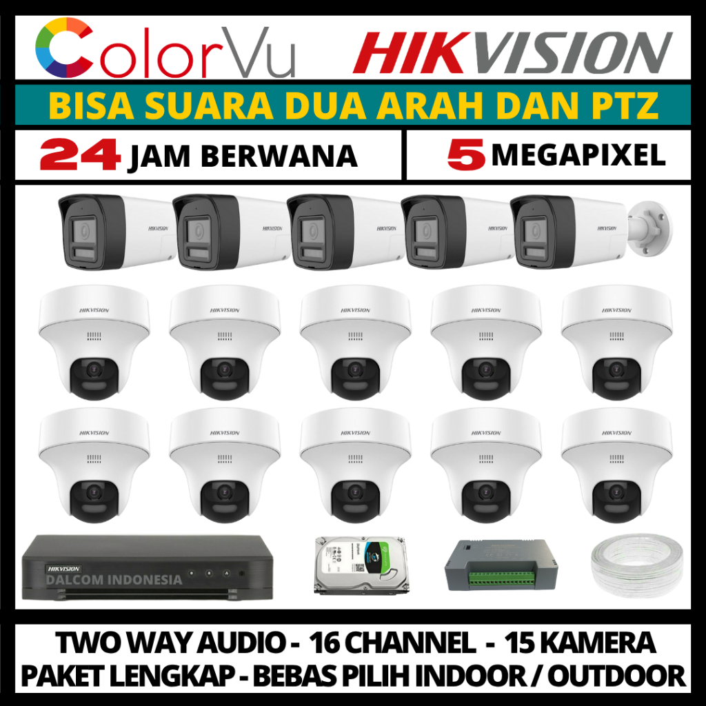 Jual Paket cctv hikvision colorvu 5mp 16 channel 15 kamera ptz two way ...