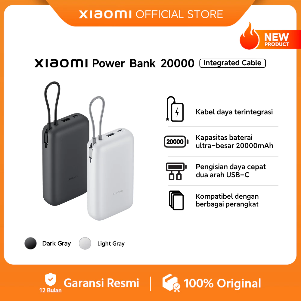 Xiaomi Power Bank 20000mAh (Integrated Cable) | Kabel daya terintegrasi | Kapasitas baterai ultra-besar 20000mAh