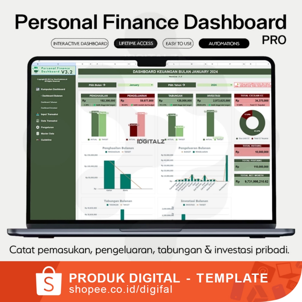 Personal Finance Dashboard Pro - Template Spreadsheet GoogIe Sheet Laporan Keuangan Pengeluaran dan Pemasukan Akuntansi Pribadi Bulanan Tahunan dengan Fitur Terlengkap Termasuk Hutang Piutang