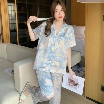 Sleepwear Wanita Korea Style Set Baju Piyama Tidur Wanita Satin Lengan Panjang Tie Dye 2025