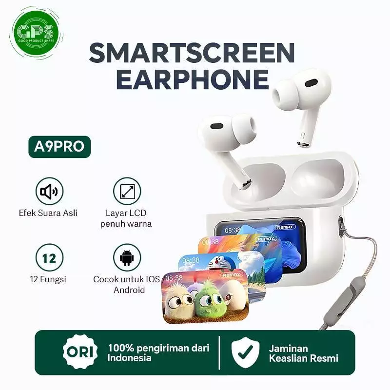 TWS A9 Pro Layar LCD Cerdas Berwarna ANC+ENC Pembatalan Kebisingan Aktif V5.4 Headphone Bluetooth Nirkabel Kontrol Sentuh Bass Surround 360° untuk IOS / Android