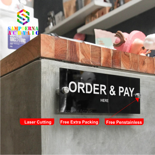 Jual sign Order Pay Here bayar di sini bahan acrylic free pen stainless ...