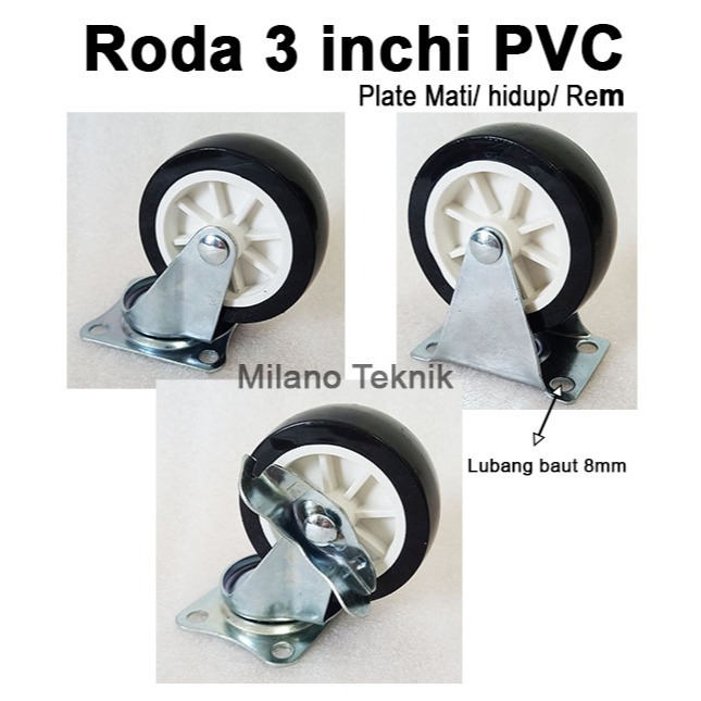 Jual Roda 3 Inch PVC Plate Mati/Hidup/Rem/ etalase Furniture/lemari ...