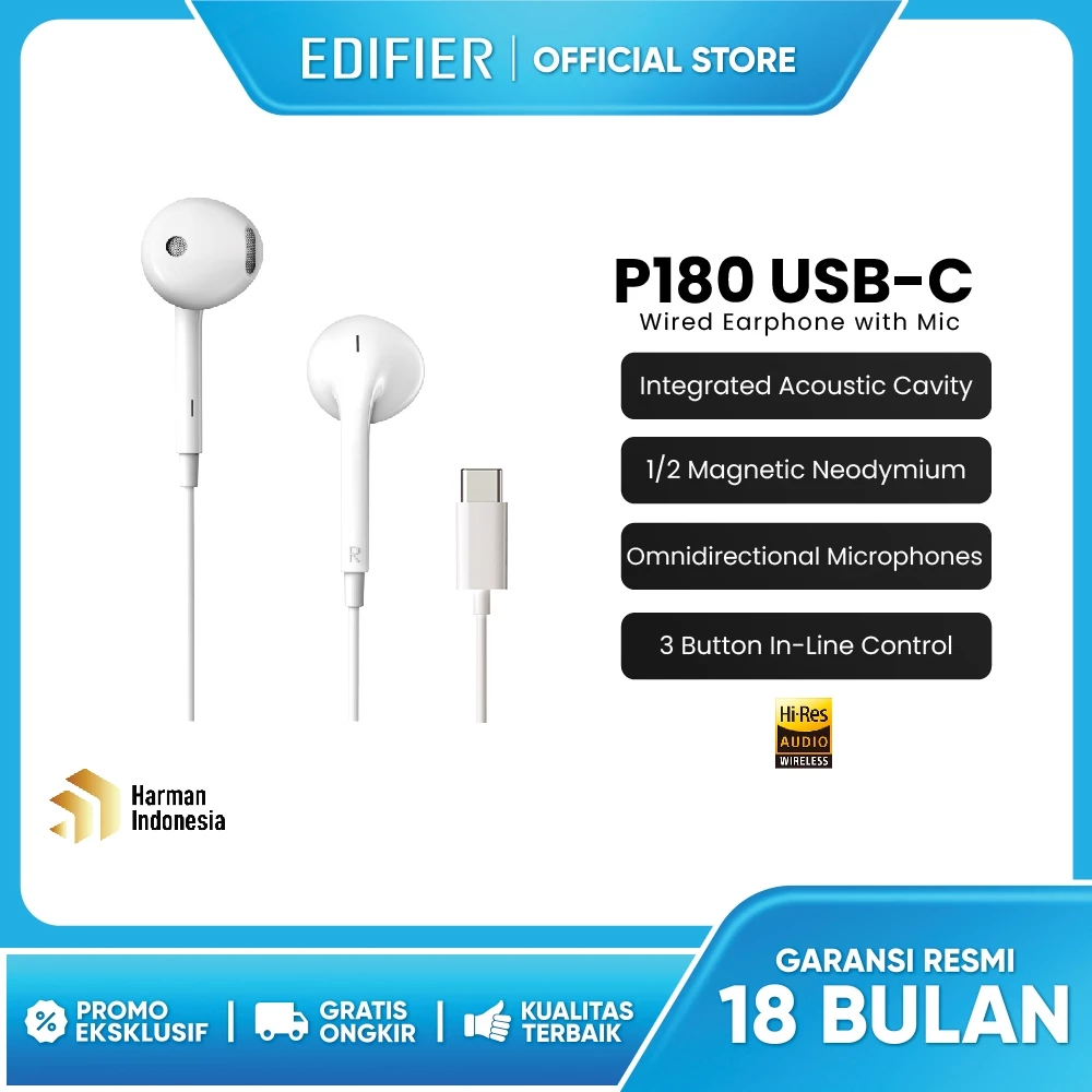 Edifier Earphone P180 Plus USB-C Hi-Res Certification-White