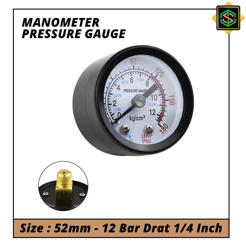 Jual Manometer Pressure Gauge 10 Bar / 12 Bar Pengukur Tekanan Angin ...