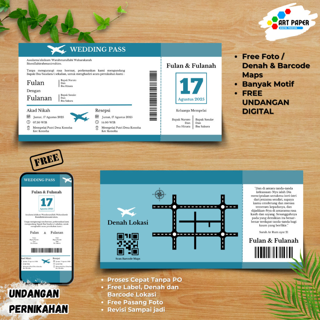 Jual Undangan Pernikahan Unik Tema Tiket Pesawat 1 Lembar Bolak Balik ...