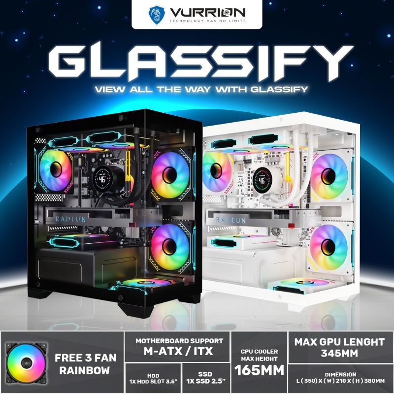 Jual Casing PC Gaming Vurrion Glassify Black / White mATX Free 3 Fan ...