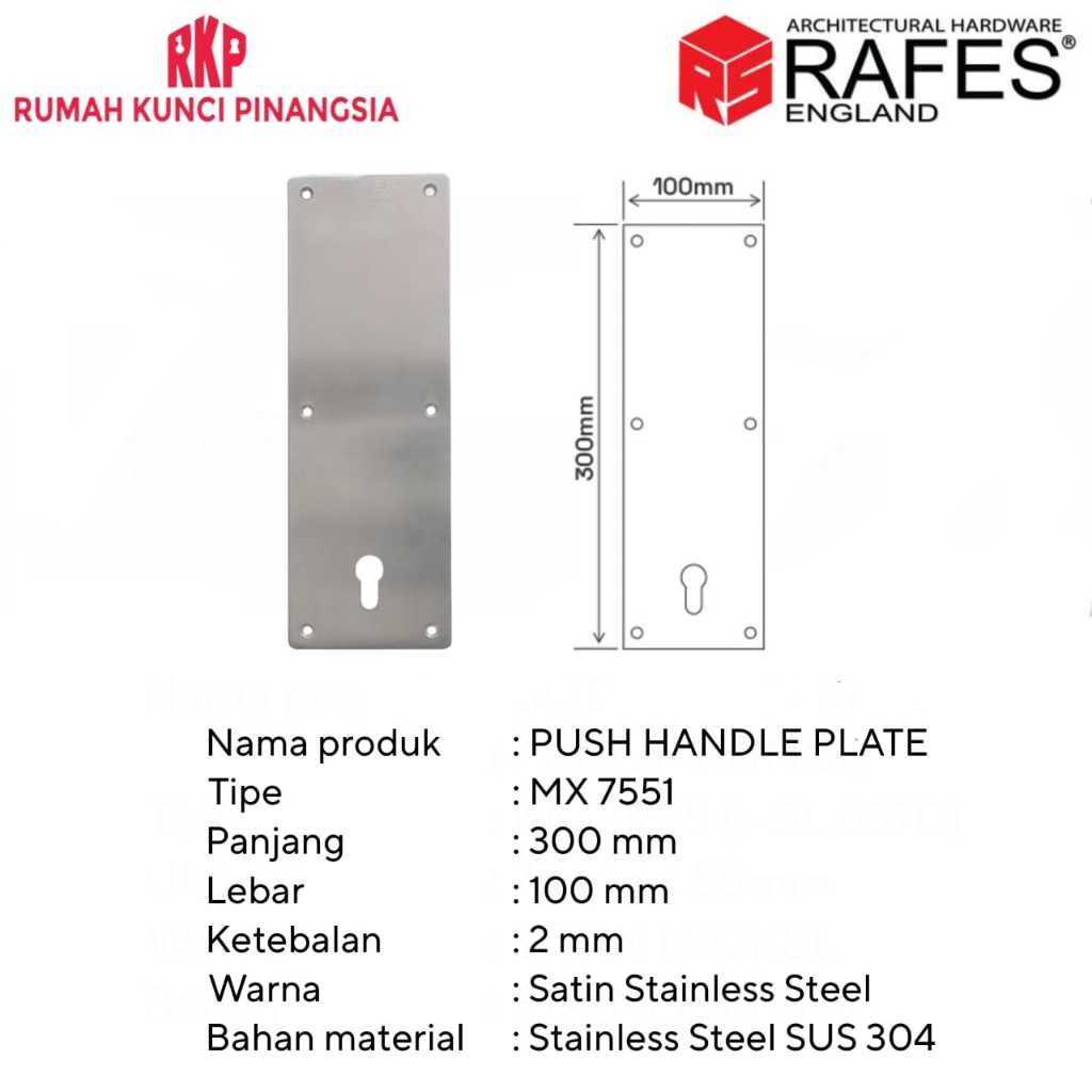 Jual Push Handle Plate Plat Gagang Pintu (dengan lubang kunci) RAFES MX ...