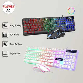 Huaiwen Kombo Keyboard dan Mouse Gaming  dengan Lampu RGB Cahaya / Termasuk Mouse dan Keyboard - Keyboard Mekanikal untuk PC Desktop dan Laptop - Kabel USB / Keyboard Komputer Berkualitas Tinggi