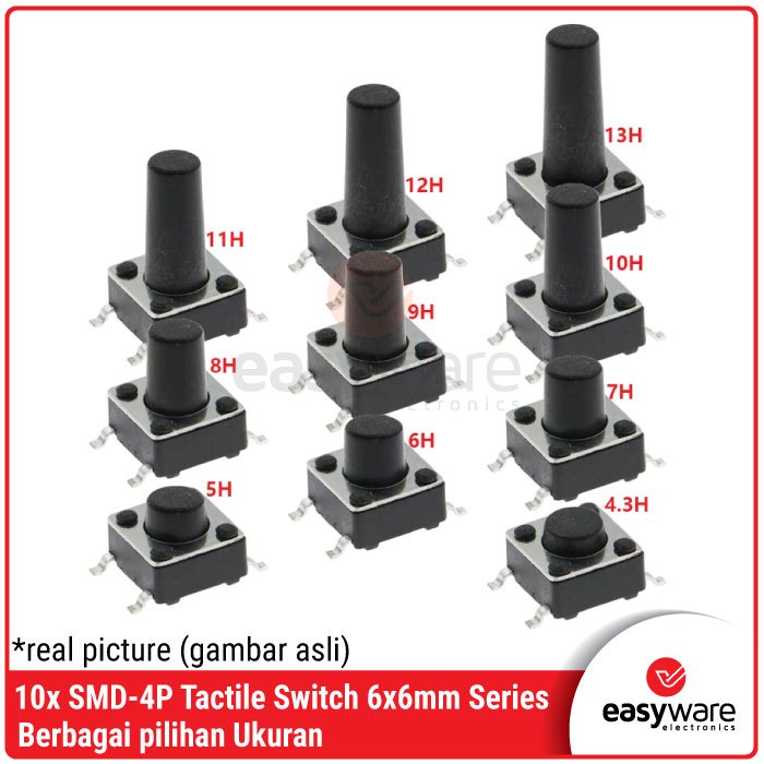 10x Diptronics DTS61 Tactile SMD Switch – 6x6mm, 0.5A 12V, Momentary Push